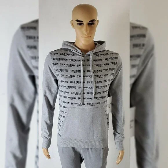 TRUE RELIGION LOUNGEWEAR HODDIE MEN ALLOVER PRINT SCRIPT REPEAT LOGO SIZE S GREY - Picture 10 of 11